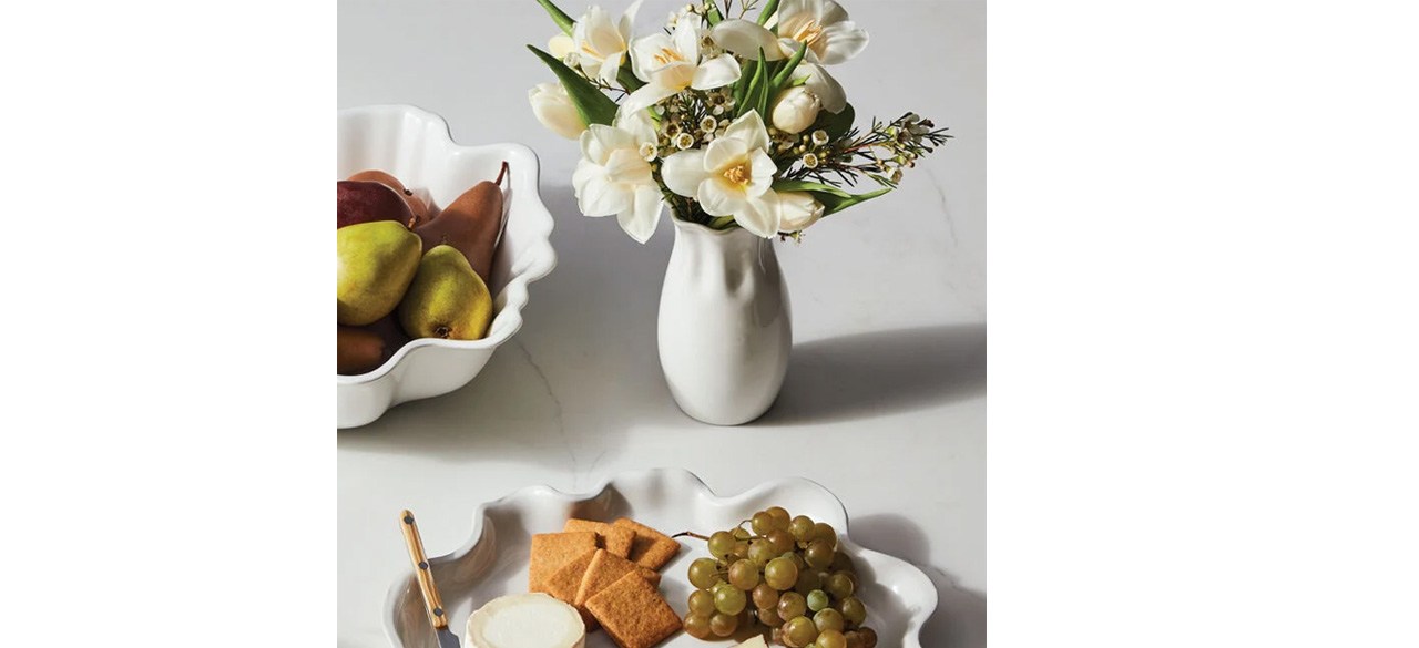 White Flower Petal Vase with white and yellow flowers