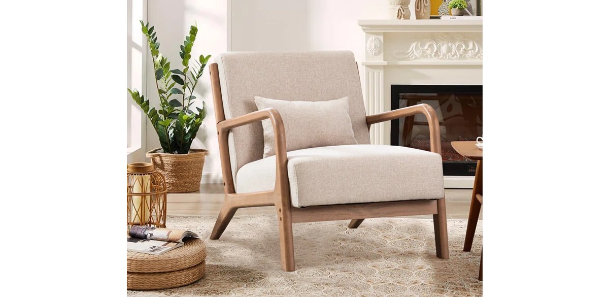 Sand & Stable Hertford Upholstered Linen Blend Accent Chair with Wooden Legs and One Pillow