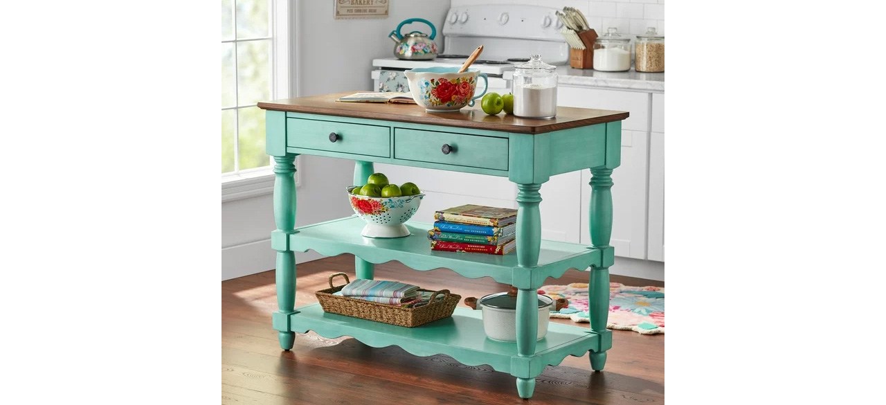 Teal The Pioneer Woman Callie Kitchen Island in middle of kitchen