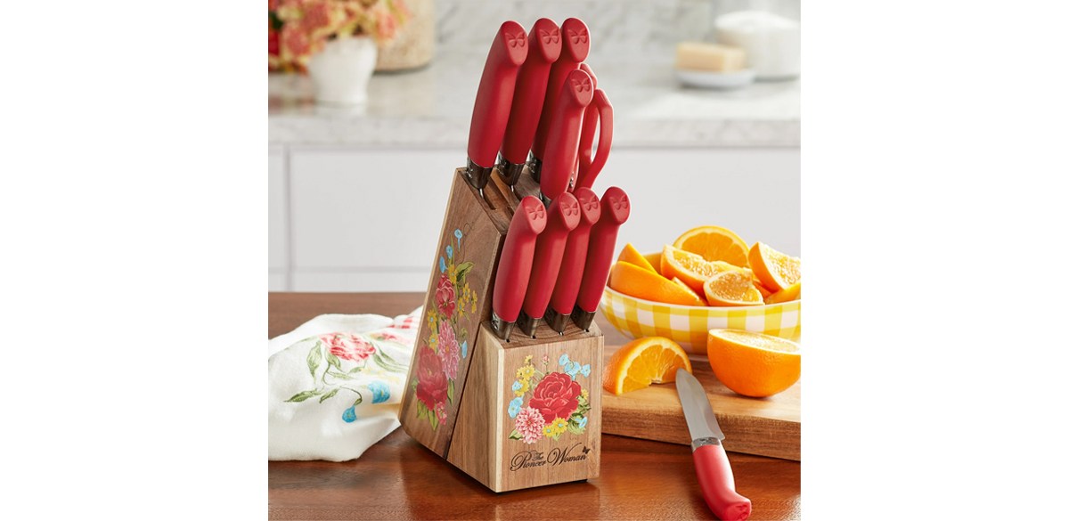 The Pioneer Woman Sweet Rose 11-Piece Stainless Steel Knife Block Set in Red