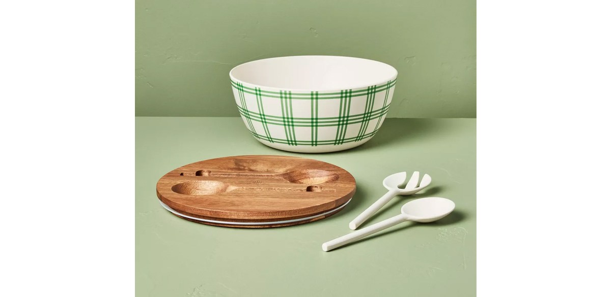 4pc Tri-Stripe Plaid Melamine Serving Bowl and Utensil Set