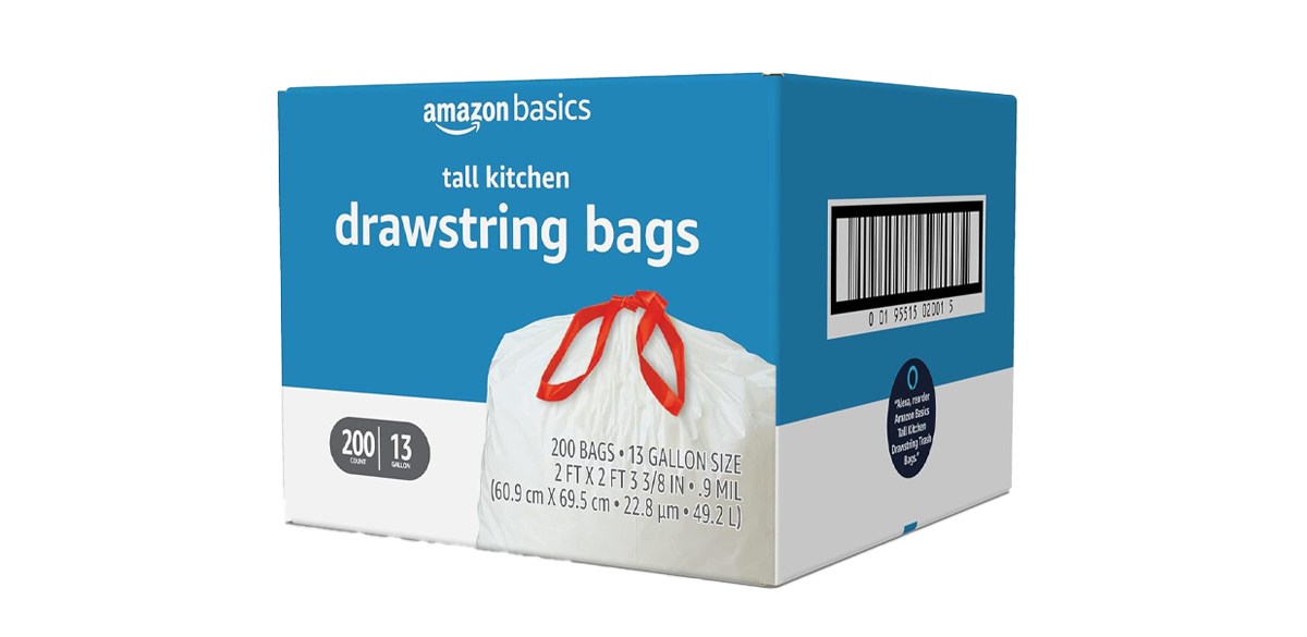 Amazon Basics Tall Kitchen Drawstring Trash Bags, 13-Gallon, 200-Count