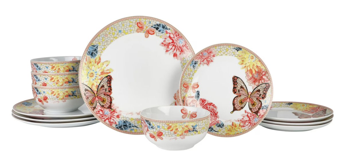 Dolly Parton Jeweled Mosaic 12pc Peach Butterfly Tableware Set