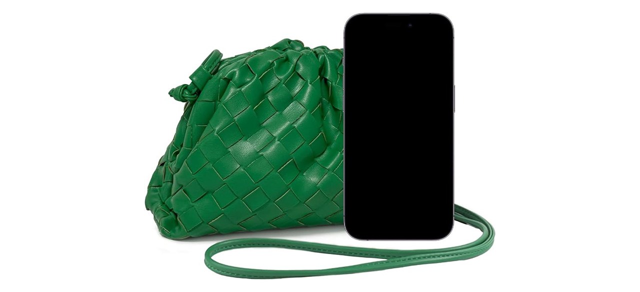 Green Gossky Woven Dumpling Bag next to phone