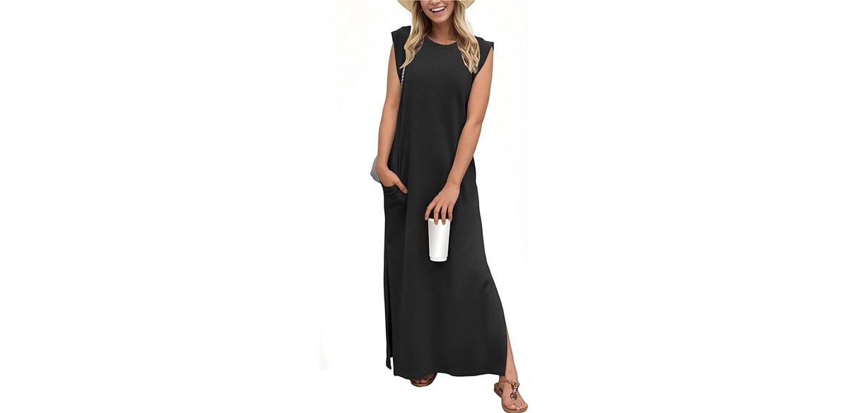 GRECERELLE 2025 Women Summer Round Neck Casual Loose Split Wrinkle-Free Long Maxi Beach Dress with Pockets