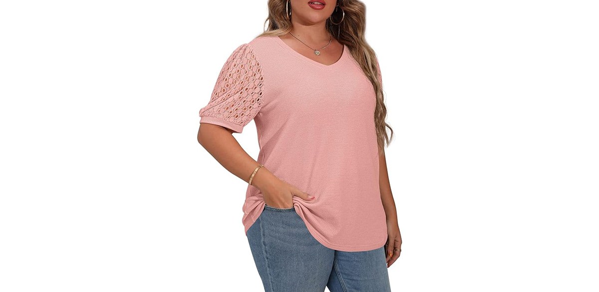 OLRIK Plus Size Tops for Women Summer Blouse Waffle Knit Short Lace Sleeve Shirts