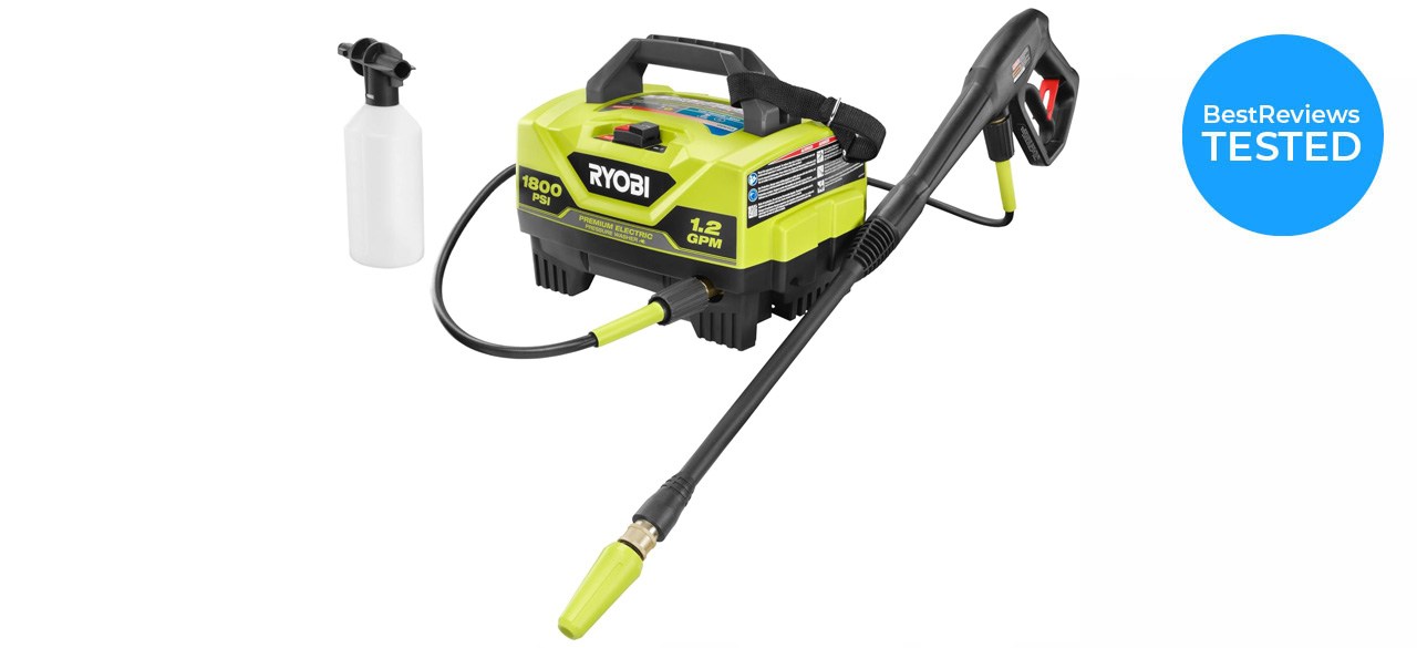 Ryobi Corded Electric Pressure Washer on white background with BestReviews Tested badge