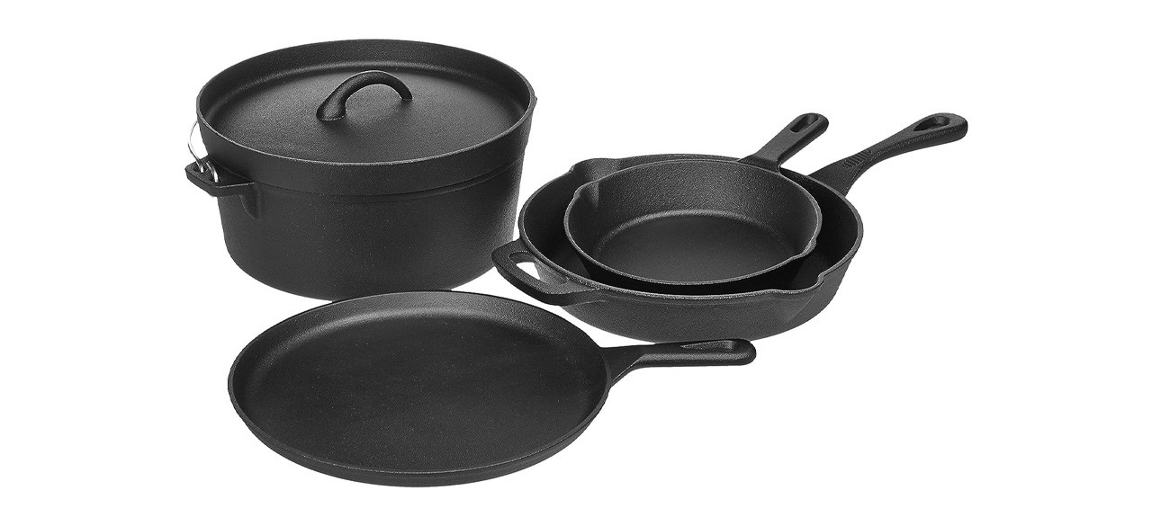 Amazon Basics Pre-Seasoned Cast Iron 5-Piece Kitchen Cookware Set on white background