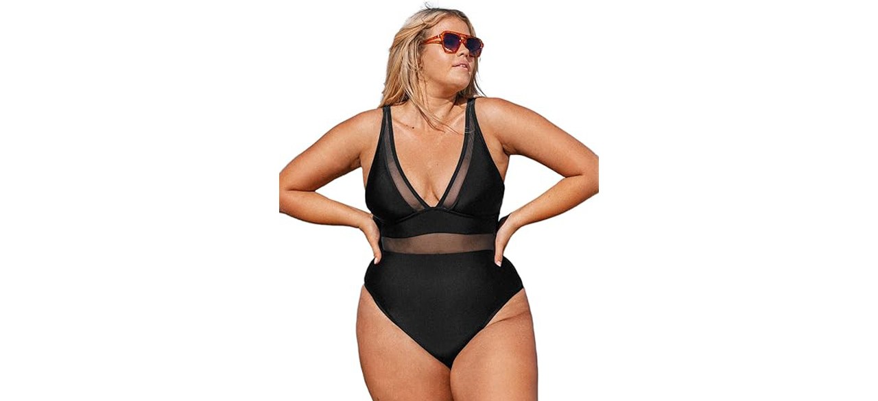 Woman wearing black CUPSHE Sheer One-Piece Swimsuit