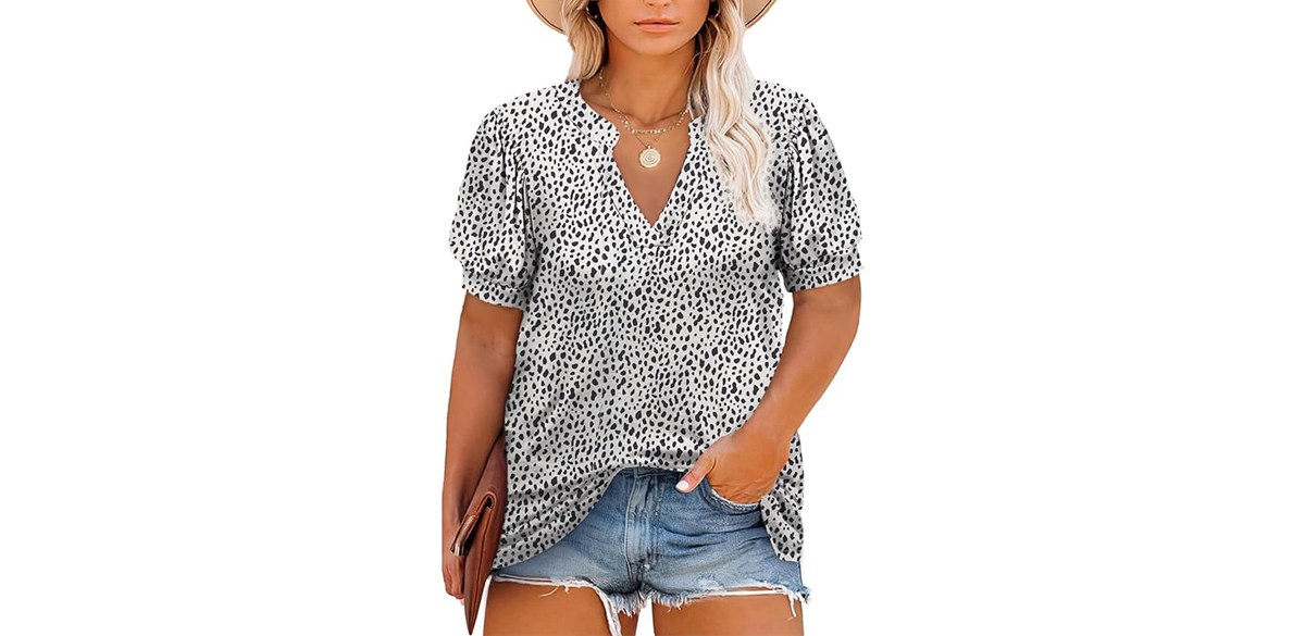 Eytino Womens Plus Size Tops V Neck Puff Short Sleeve Summer Loose Casual Solid Tees Shirts