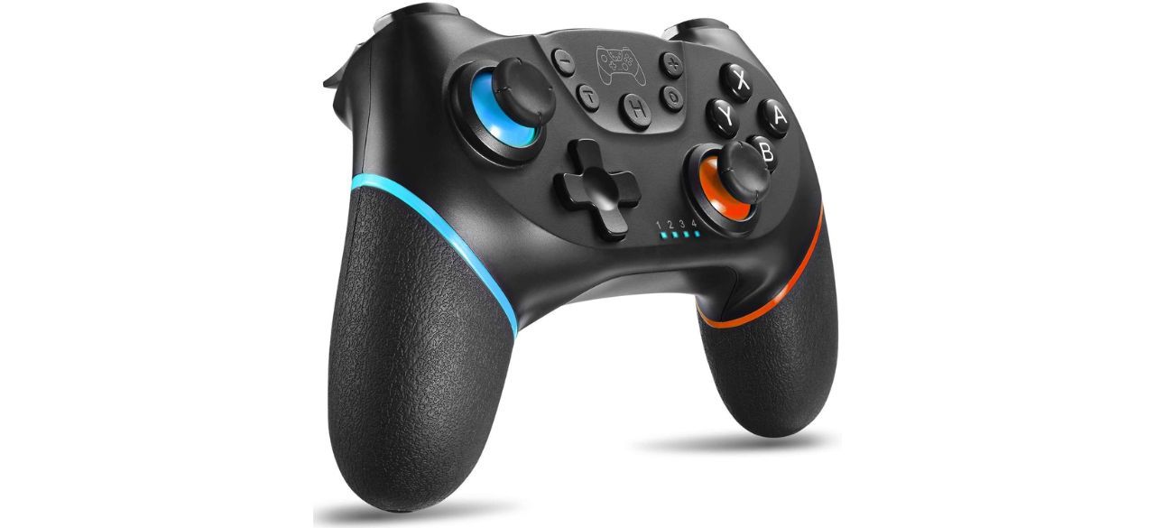 Black controller with blue and red accents