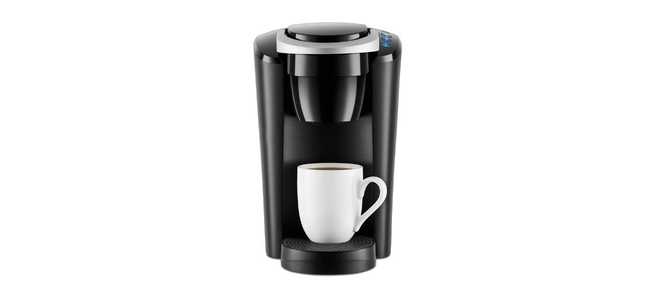 Keurig K-Compact Single-Serve Coffee Maker in black, with white mug under it