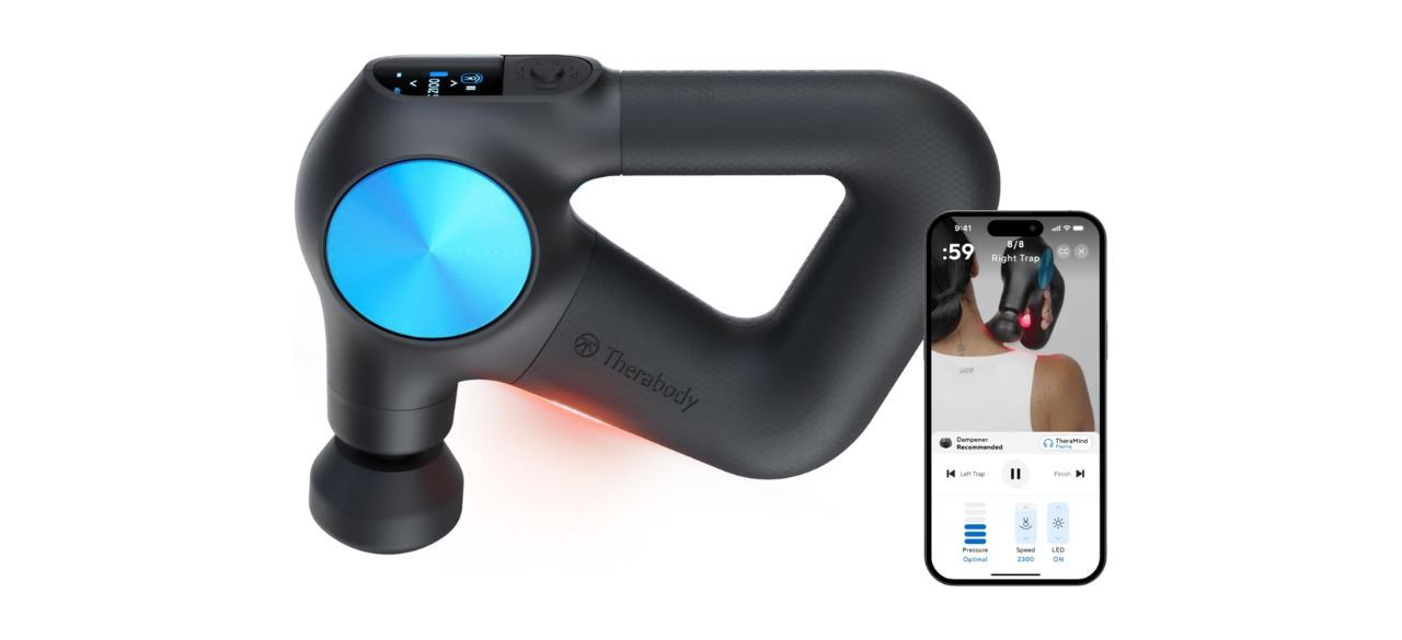 heraGun Pro Plus 6-in-1 Deep Tissue Percussion Massage Gun next to a smartphone on white background