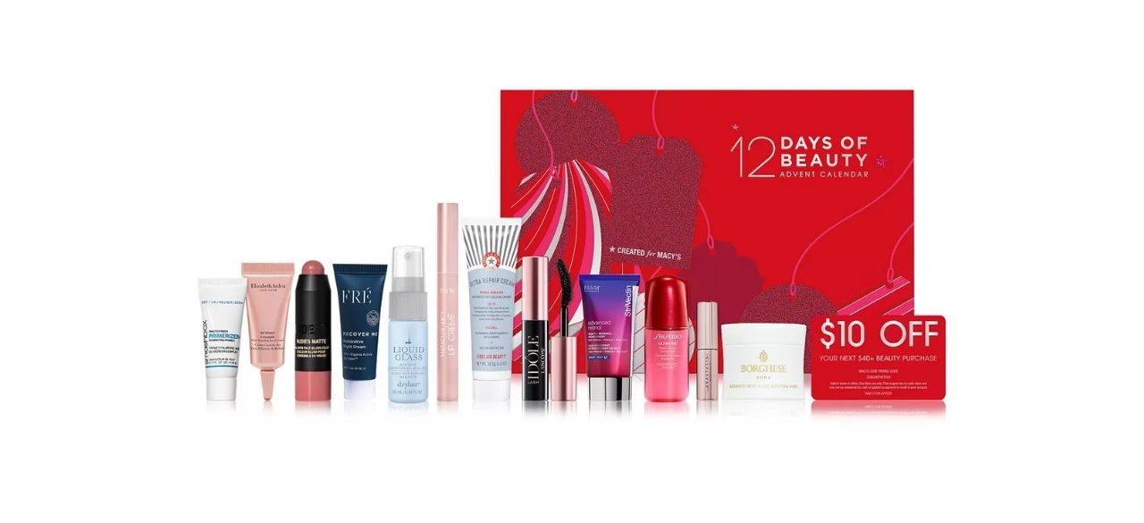 red advent calendar box with beauty products in front of it