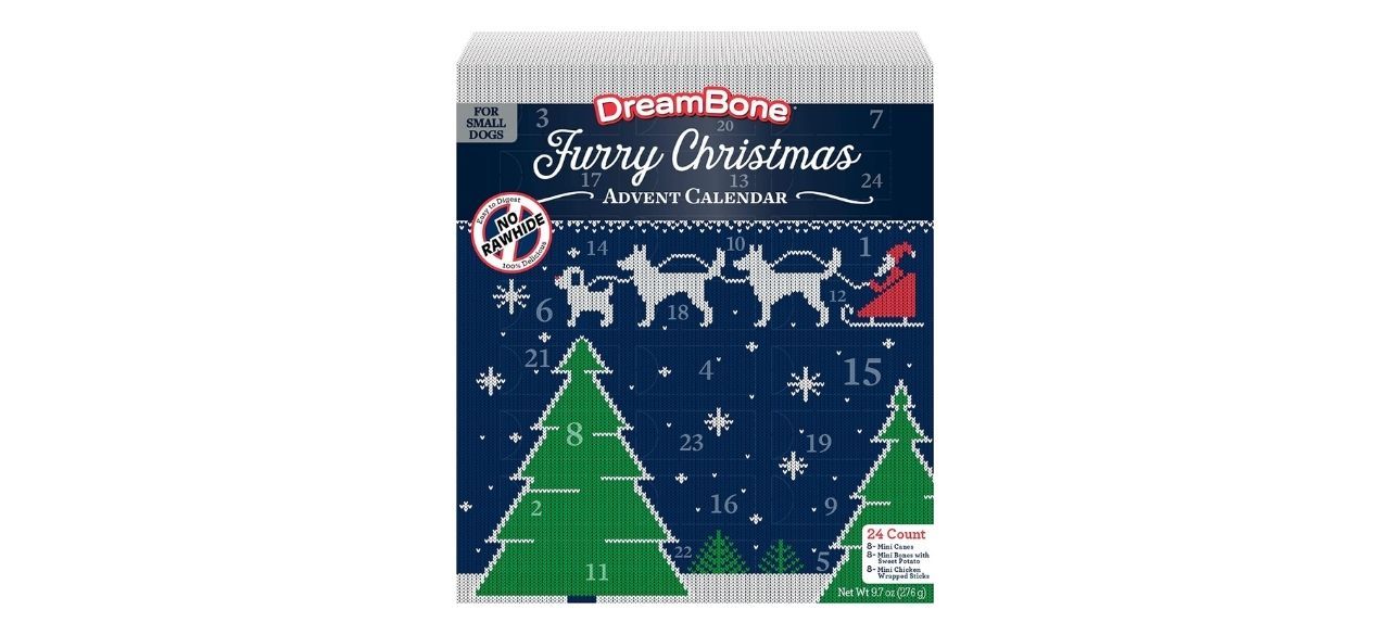 DreamBone Furry Christmas Advent Calendar for dogs on white background, rawhide free