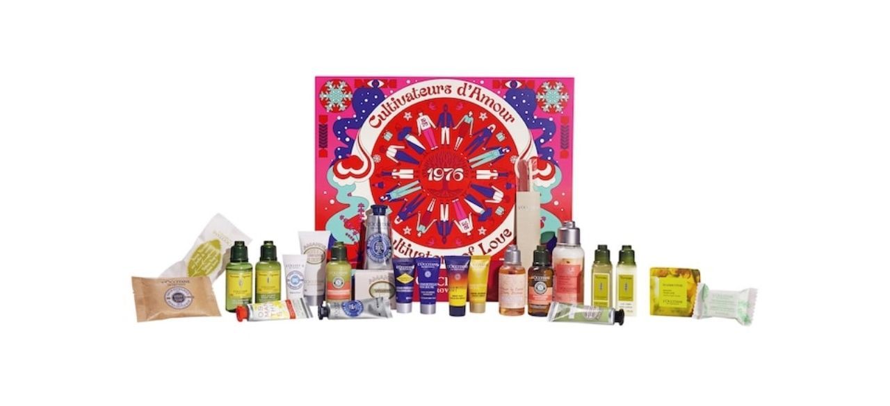 L'Occitane Holiday Advent Calendar with beauty products on white background