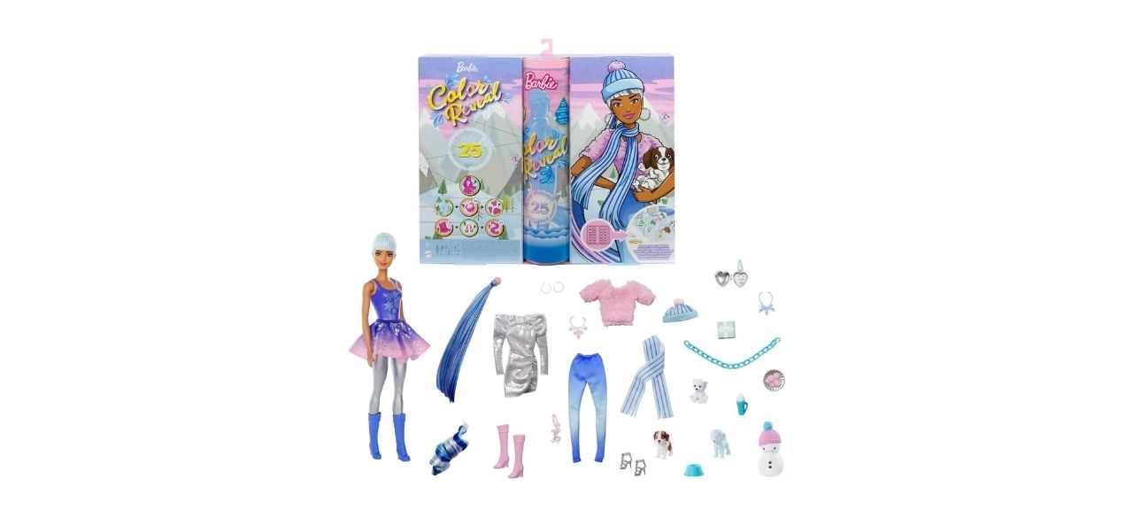 Mattel Barbie Color Reveal Advent Calendar with a doll and doll-sized winter clothes and accessories