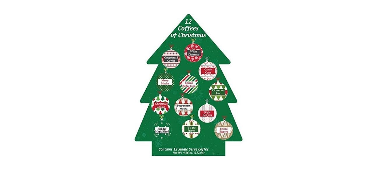 green Christmas tree-shaped advent calendar with 12 coffee pod flavors