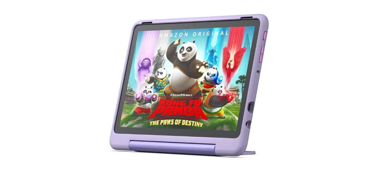 purple Amazon Fire HD 10 Kids Pro Tablet in color Happy Day