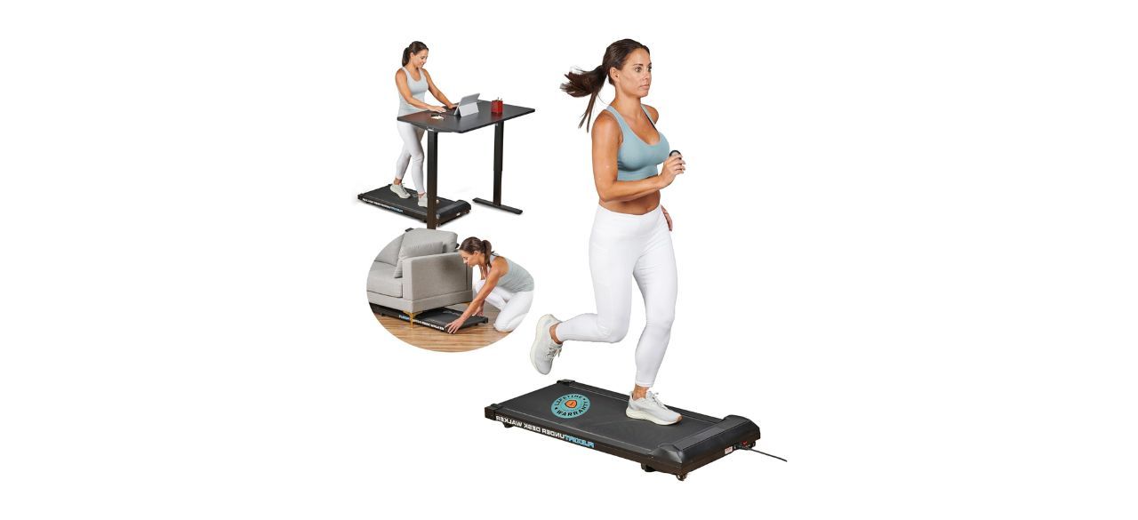 person running on Lifepro Walking Pad Treadmill Under Desk Small Treadmill and storing one under a couch