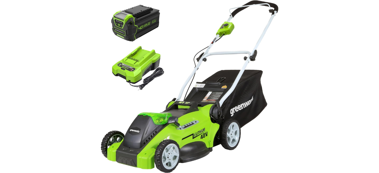 Greenworks electric push mower on white background