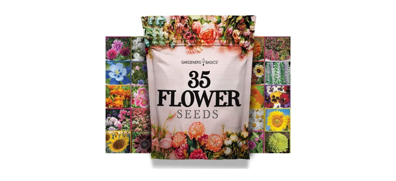 a bag with flowers on it that says "35 flower seeds" with pictures of flowers in the background