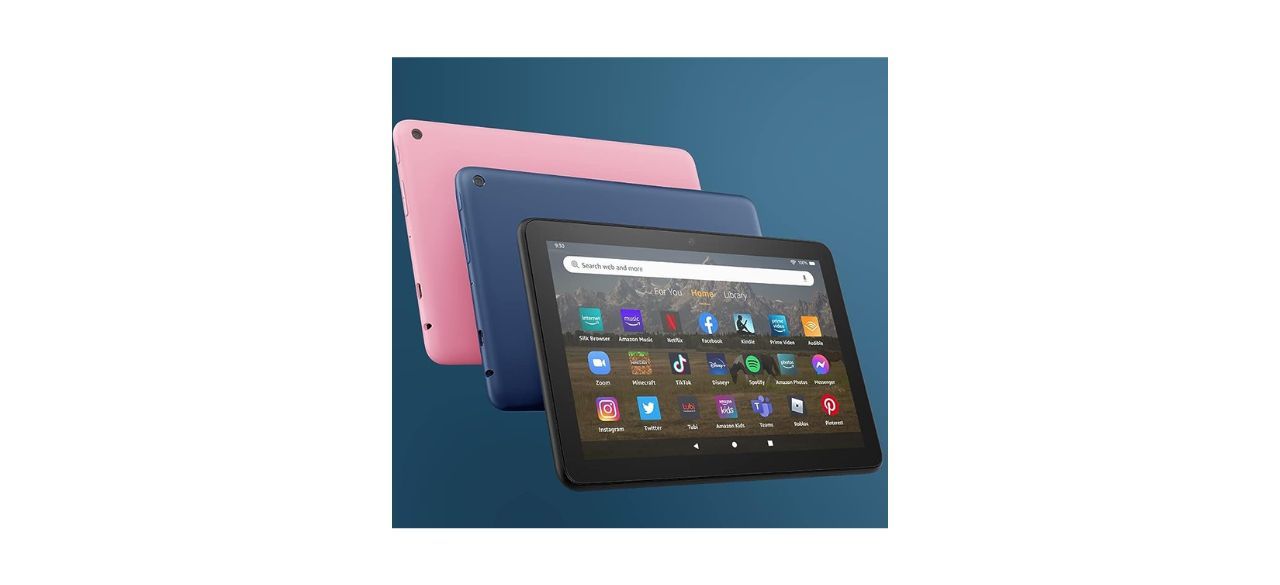 3 Amazon Fire HD 8 tablets (2022 release) in black, navy blue and pink. One shows apps.