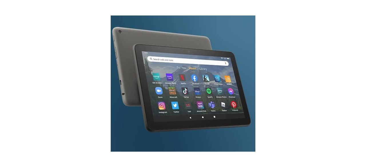 Amazon Fire HD 8 Plus tablet (2022 release) in black, on blue background, showing apps