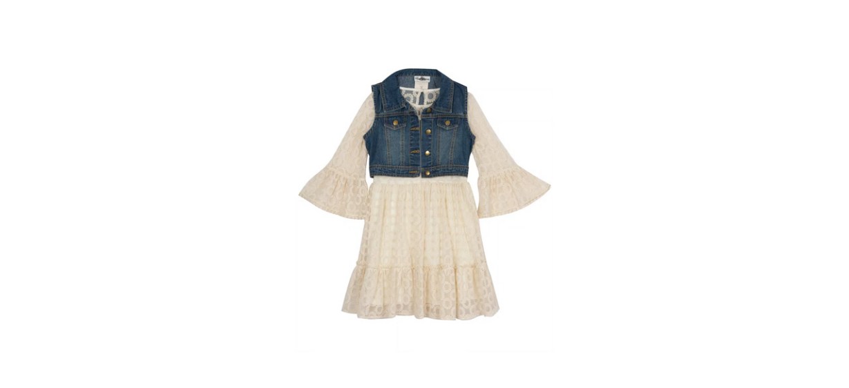 Apparel-Best Rare Editions Big Girls Embroidered Mesh Dress and Denim Vest