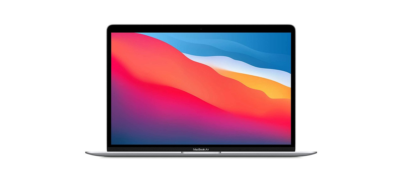 Apple 2020 MacBook Air Laptop with rainbow screensaver on white background