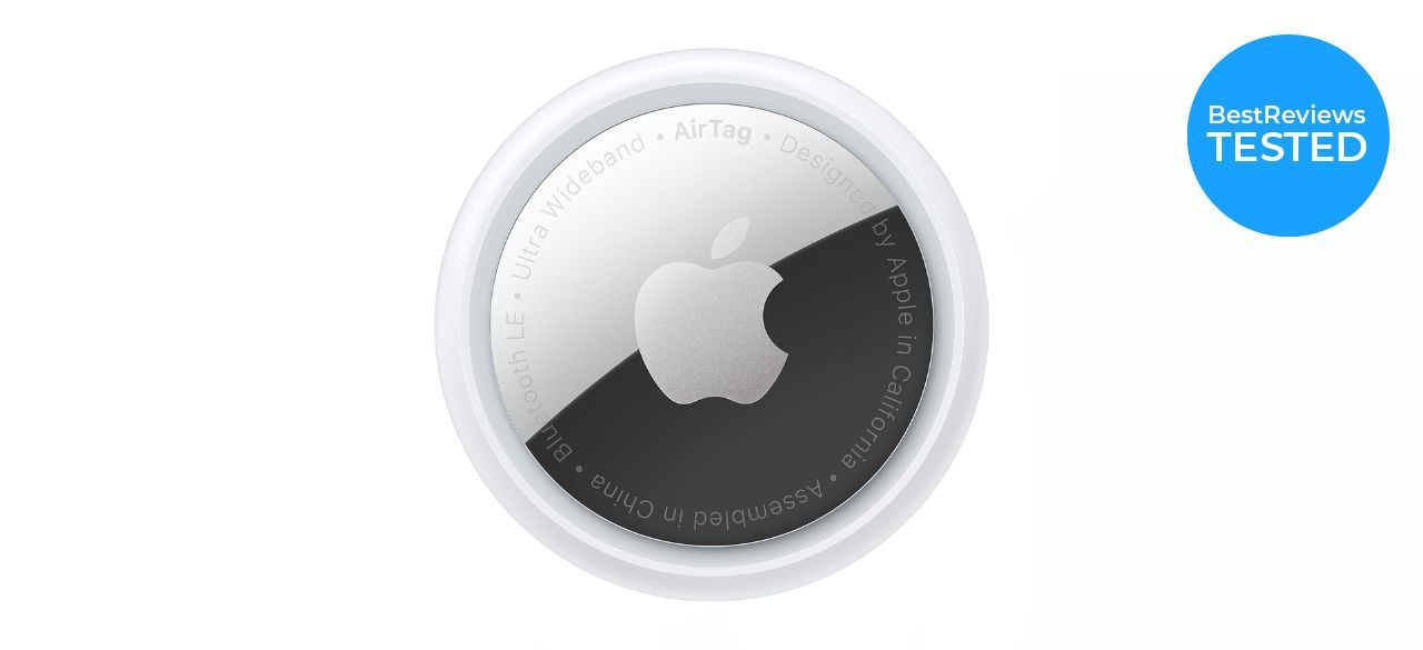 a singular Apple AirTag on white background