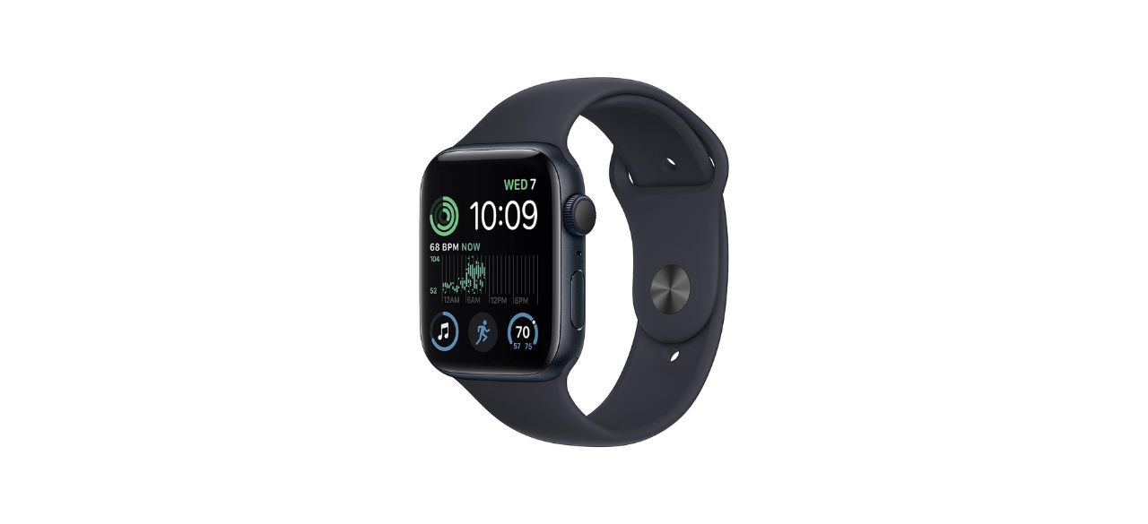 A black Apple Watch SE on a white background