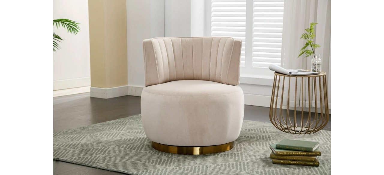 Beige ArcticScorpion 360° Swivel Accent Chair with Curved Backrest on area rug