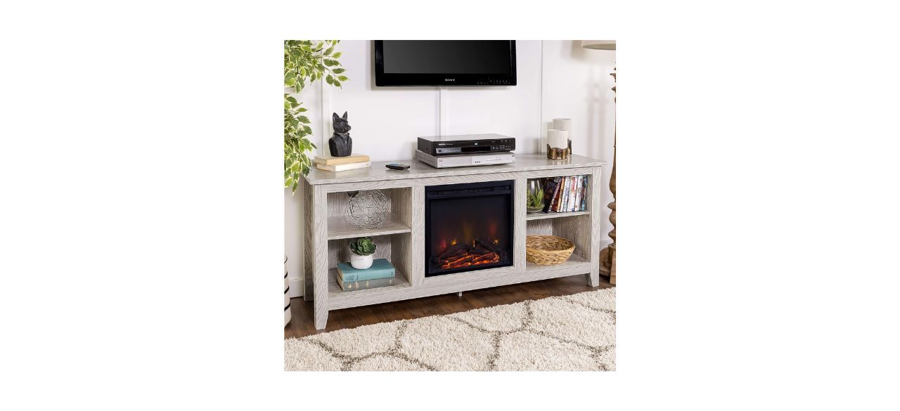 Walker Edison Wren Classic 58-Inch Fireplace Entertainment Center in white, rustic wood, in a living room