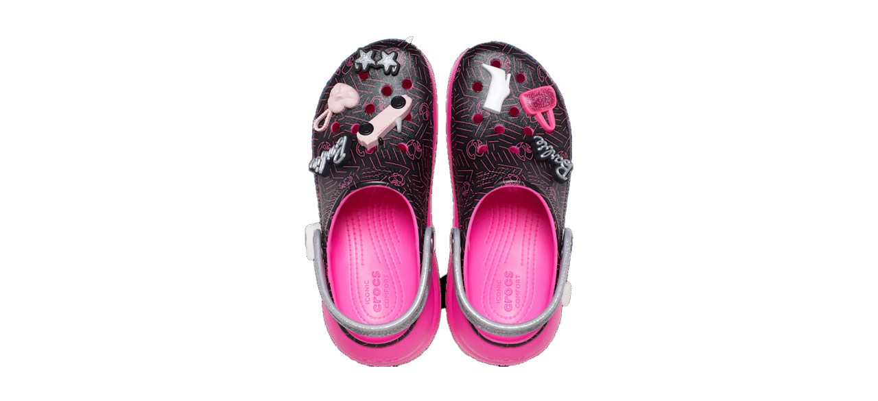 Pink and black Barbie Crush Clog on white background