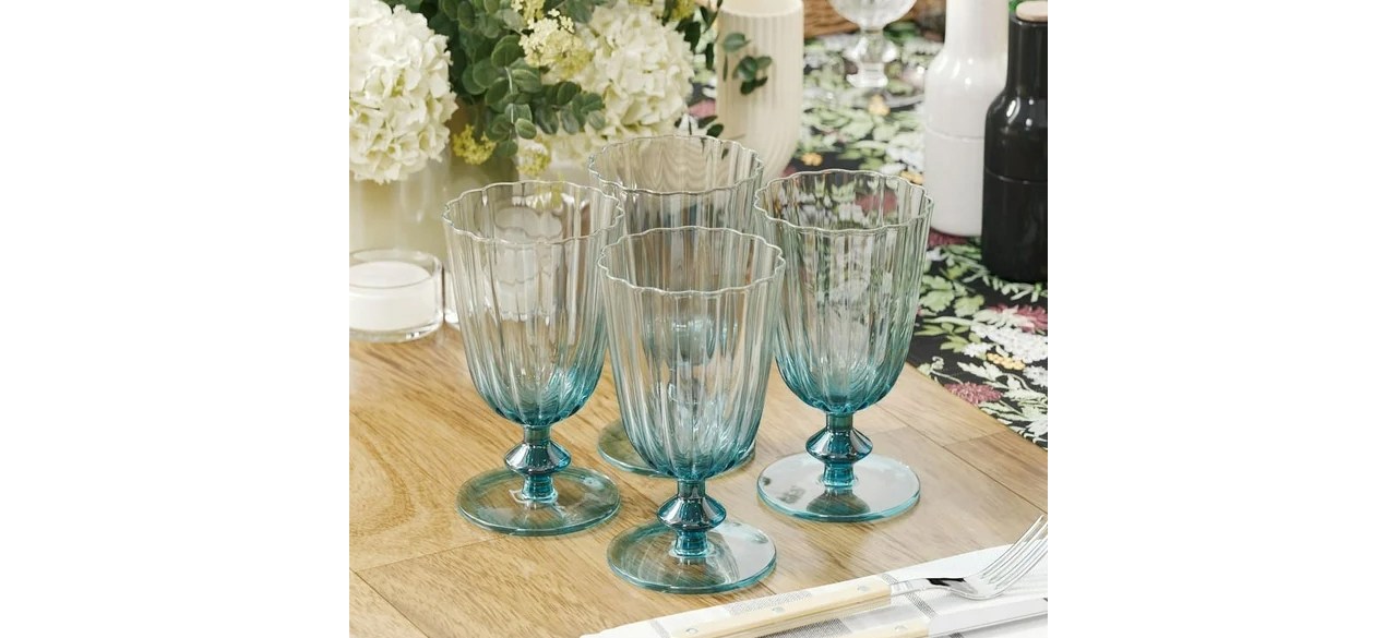 Best Beautiful Scallop Glass Goblets Set of 4 in Cornflower Blue on table