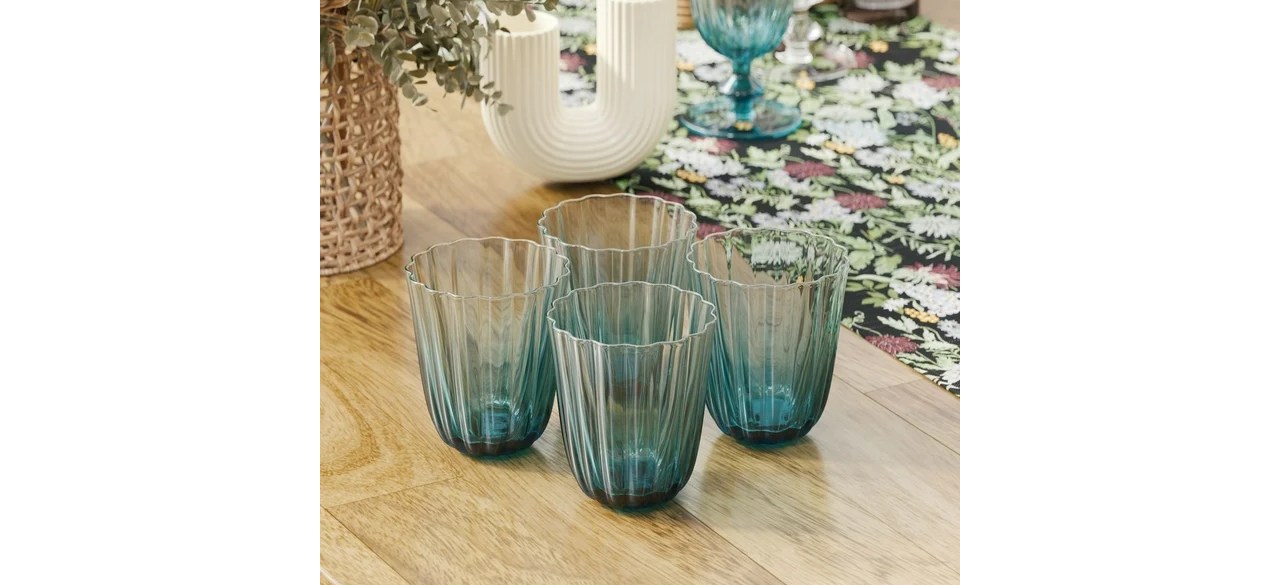 Beautiful Scallop Glass Water Glasses Set of 4 in Cornflower Blue on table