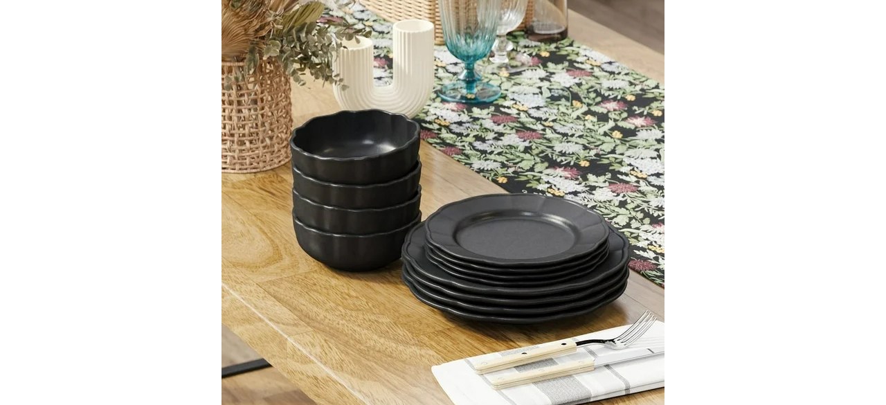 Black Beautiful Scallop Stoneware Dinnerware 12 Piece Set on table