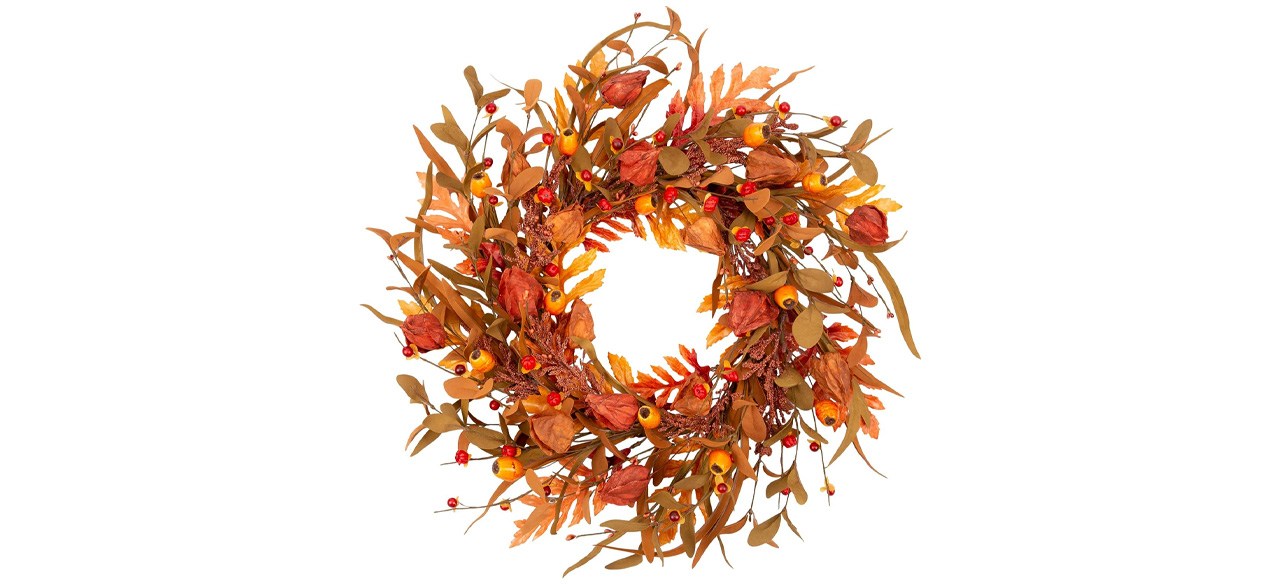 Fall Wreath with Gooseberries on white background