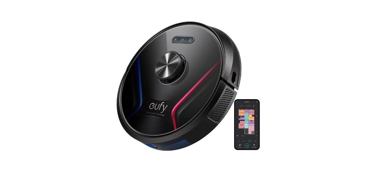 eufy by Anker RoboVac X8 on white background next to a smartphone