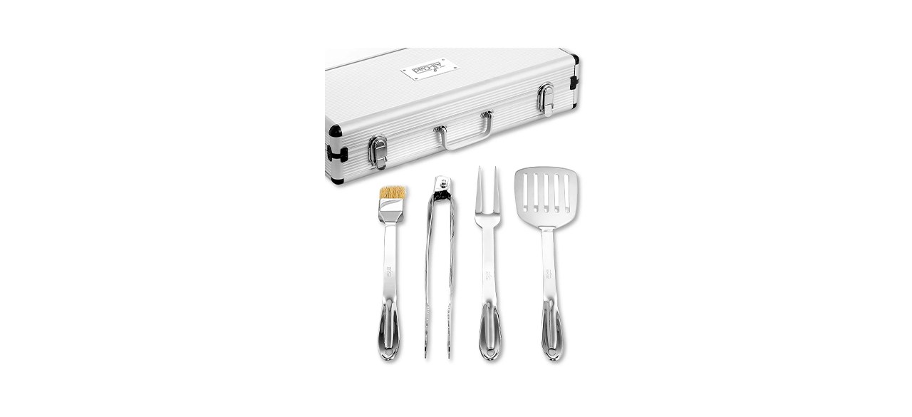 A basting brush, a set of metal tongs, a grilling fork and a metal spatula with a metal carrying case