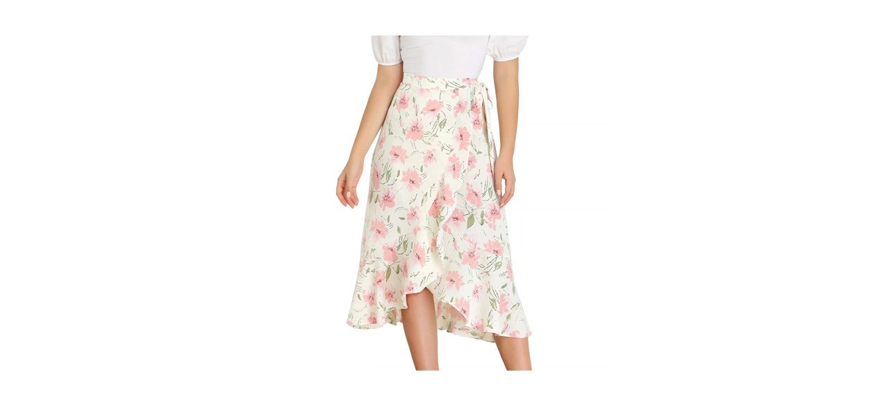 best Allegra K Floral Wrap Midi Asymmetrical Ruffle Tie-Waist Skirt