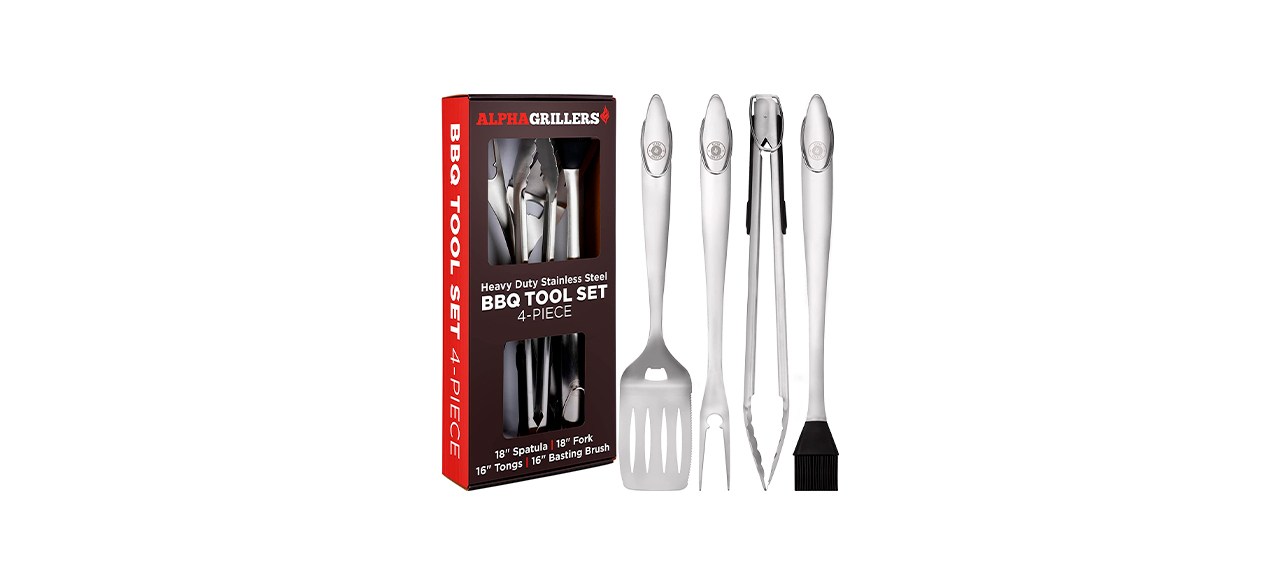 A metal spatula, a grilling fork, metal tongs and a silicone basting brush