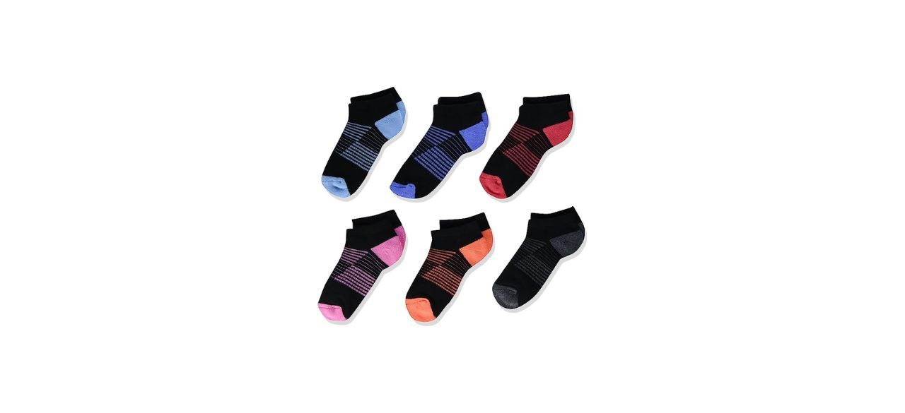 6 pair of black socks with different colored stripes on them
