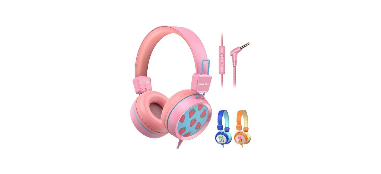 pink over-the-ear headphones with strawberry designs on the ears