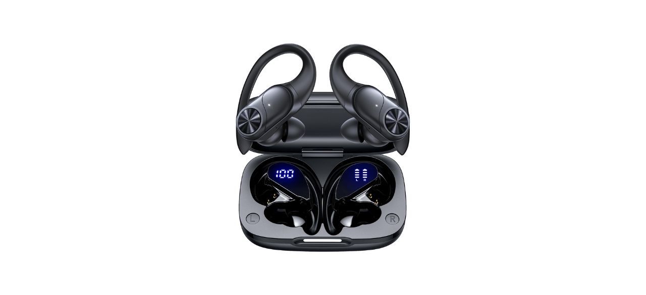 a pair of black wireless earbuds