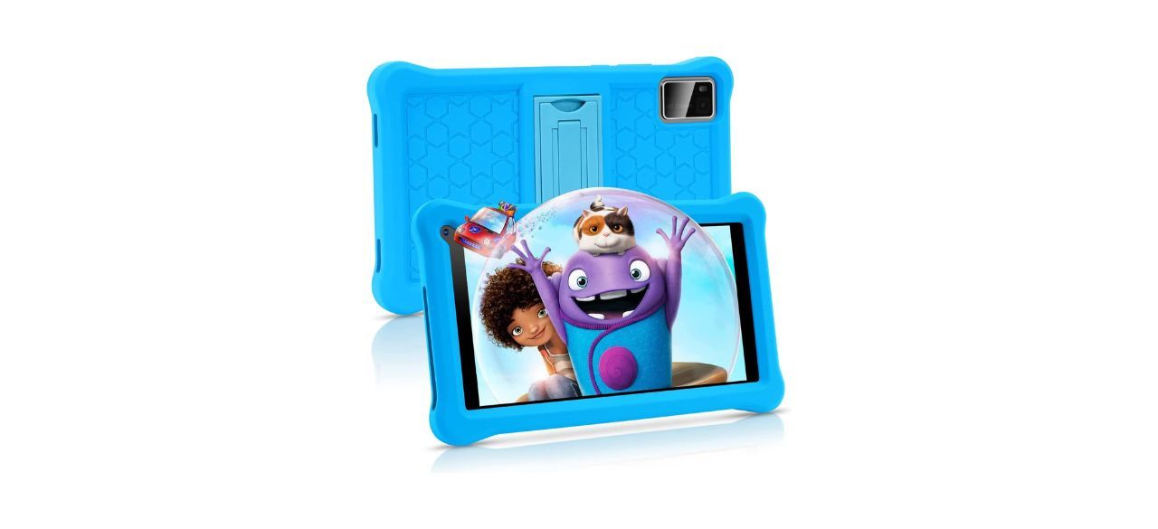 a blue kids tablet with a kids show on the screen