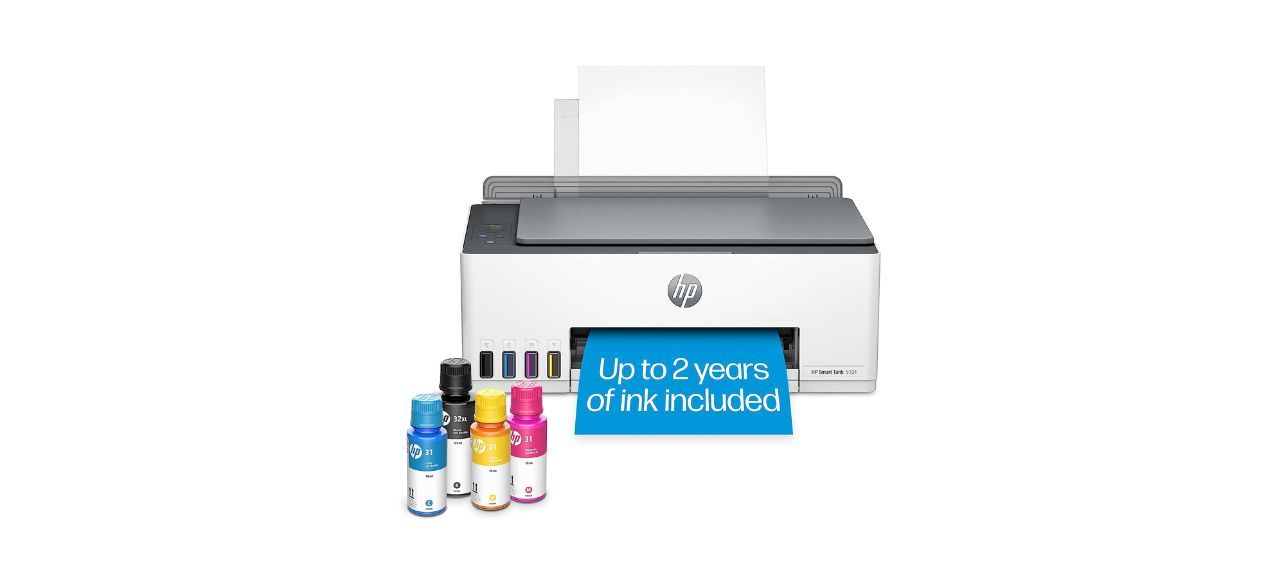 A printer and ink bottles. Text reads: "Up to 2 years of ink included."