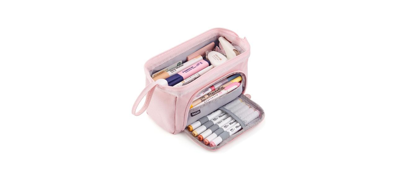 a pink pencil case with markers in it