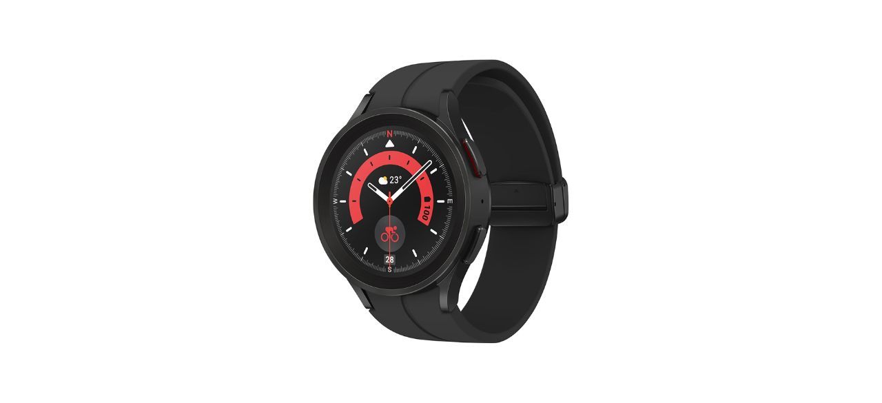 Samsung Galaxy Watch 5. It's black with red accents on the watch face